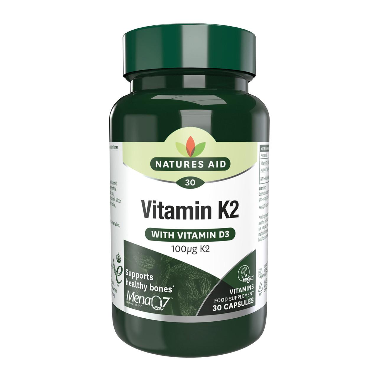 Natures Aid Vitamin K2 (100ug) MenaQ7 (with Vitamin D3) 30 Capsules Image 1