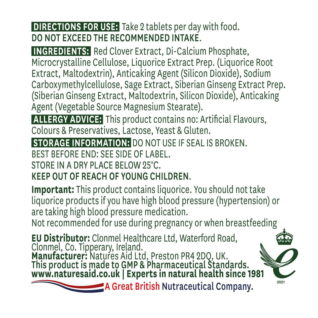 Natures Aid Red Clover Complex with Sage, Siberian Ginseng & Liquorice 60 Tablets Image https://cdn11.bigcommerce.com/s-g585yu857h/images/stencil/1280w/products/4431/8271/Natures-Aid-Red-Clover-Complex-with-Sage_-Siberian-Ginseng-%26-Liquorice__26904__49240.1740668035.jpg1