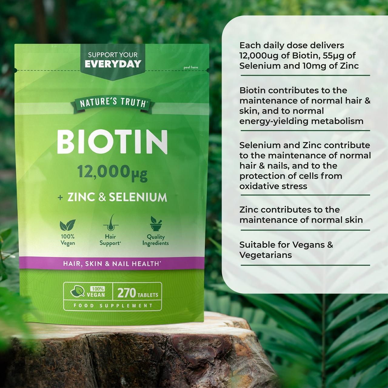 Nature's Truth Biotin Zinc & Selenium Tablets 12,000ug 270 Tablets Image https://cdn11.bigcommerce.com/s-g585yu857h/images/stencil/1280w/products/4462/8349/Nature%27s-Truth-Biotin-Zinc-%26-Selenium-Tablets-12_000ug__21673__66627.1740668036.jpg1