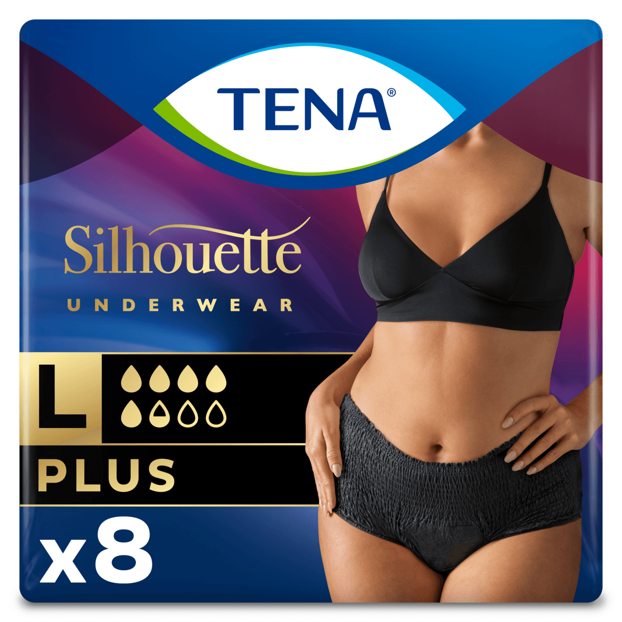 TENA Lady Silhouette Plus Black Incontinence Pants Large 8 Pack Image 1