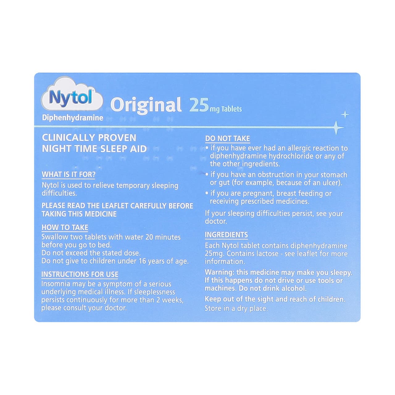 Nytol Diphenhydramine 25mg Original 20 Tablets Image https://cdn11.bigcommerce.com/s-g585yu857h/images/stencil/1280w/products/4736/8963/Nytol-Diphenhydramine-25mg__53953__12075.1782823809.jpg1