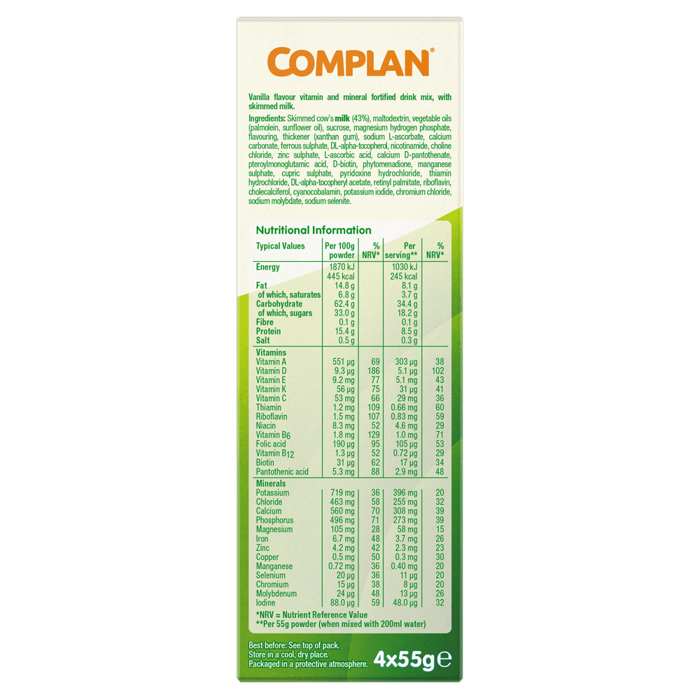 Complan Vanilla Nutritional Drink 4 x 55g Sachets Image https://cdn11.bigcommerce.com/s-g585yu857h/images/stencil/1280w/products/4743/8977/Complan-Vanilla-Nutritional-Drink__41265__98284.1782823809.png1