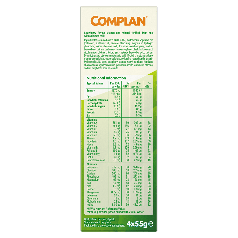 Complan Strawberry Nutritional Drink 4 x 55g Sachets Image https://cdn11.bigcommerce.com/s-g585yu857h/images/stencil/1280w/products/4745/8984/Complan-Strawberry-Nutritional-Drink-__95570__39314.1740668068.png1