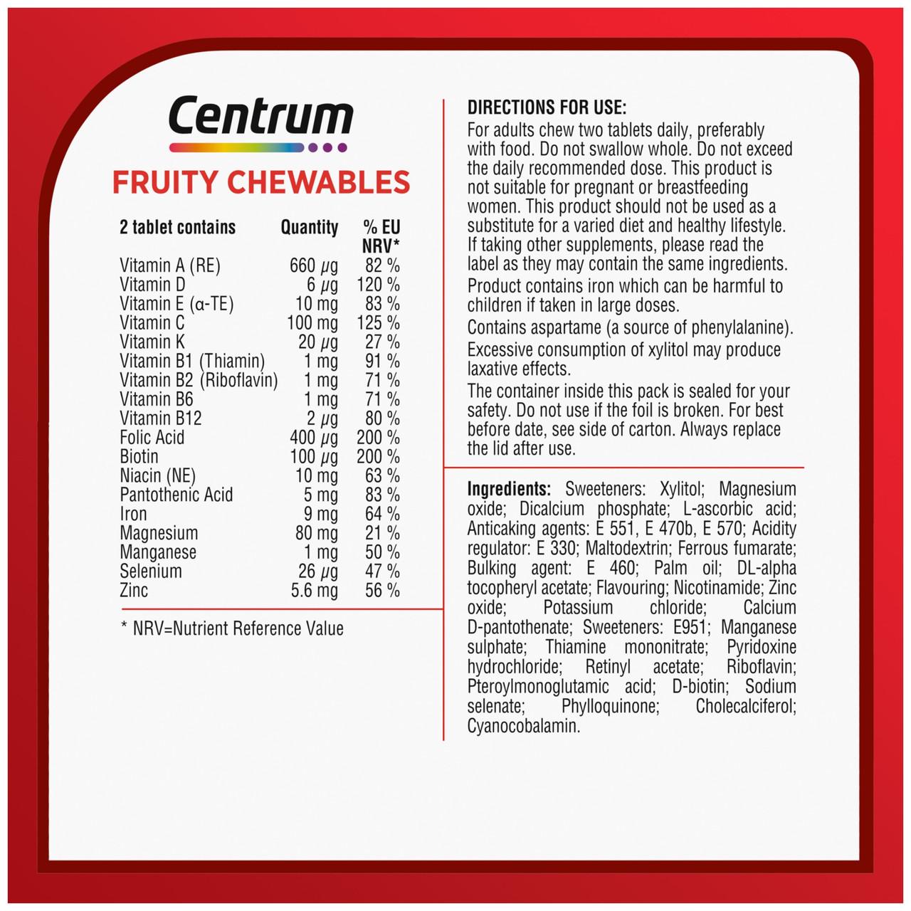 Centrum Multivitamin Fruity Chewables 30 Pack Image https://cdn11.bigcommerce.com/s-g585yu857h/images/stencil/1280w/products/4756/23515/5000309008276_T60__44526.1763119112.jpg1