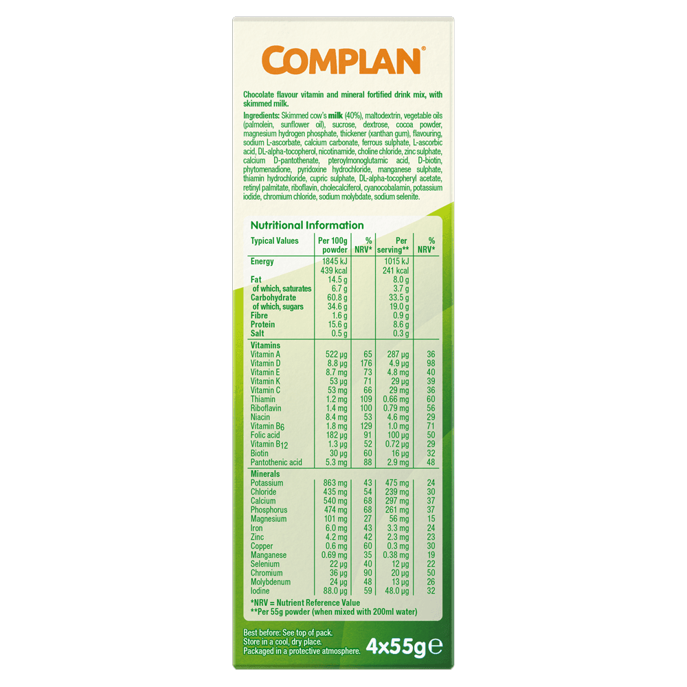 Complan Chocolate Nutritional Drink 4 x 55g Sachets Image https://cdn11.bigcommerce.com/s-g585yu857h/images/stencil/1280w/products/4802/9122/Complan-Chocolate-Nutritional-Drink-__44006__45013.1740668072.png1