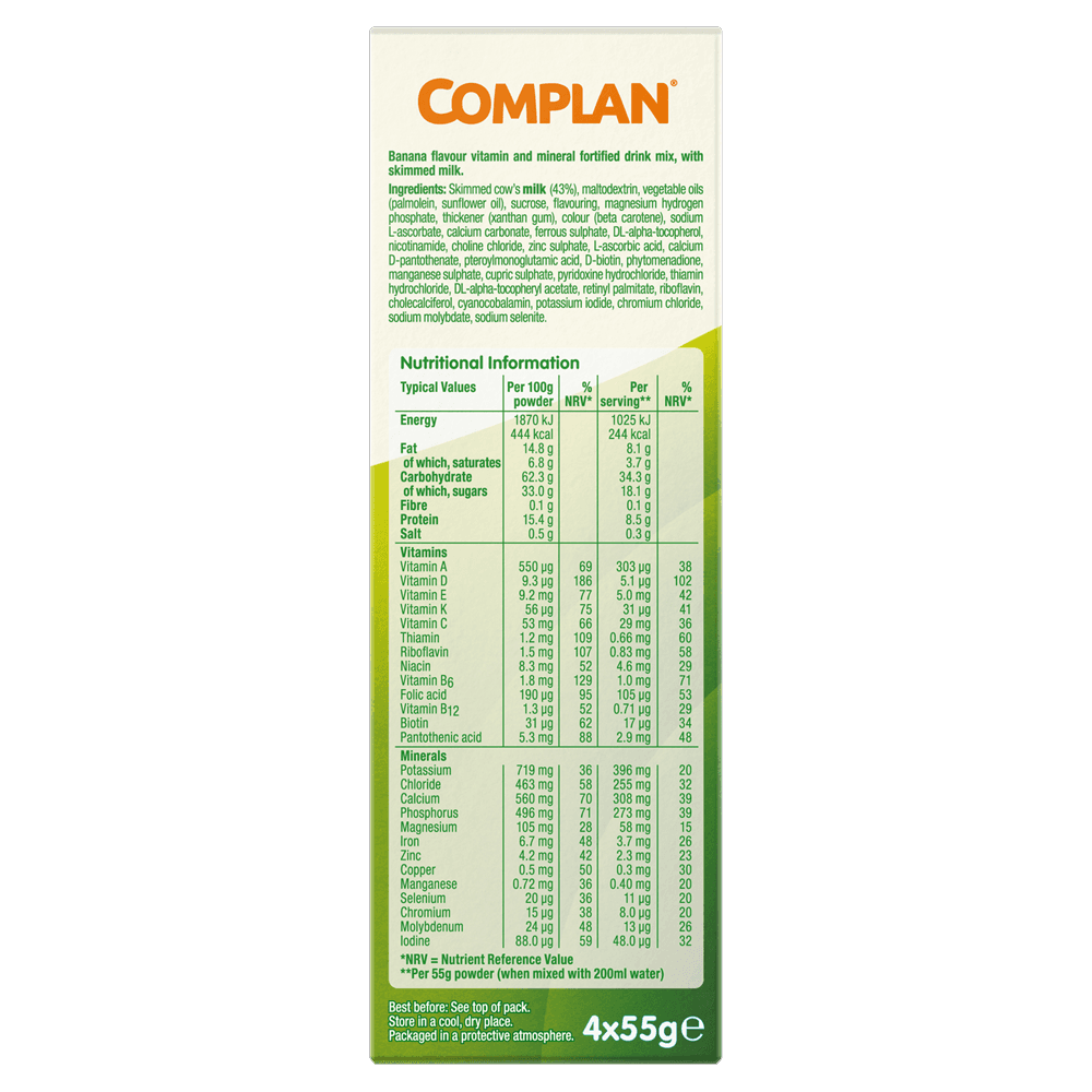 Complan Banana Nutritional Drink 4 x 55g Sachets Image https://cdn11.bigcommerce.com/s-g585yu857h/images/stencil/1280w/products/5018/9530/Complan-Banana-Nutritional-Drink-__17836__99267.1782823958.png1