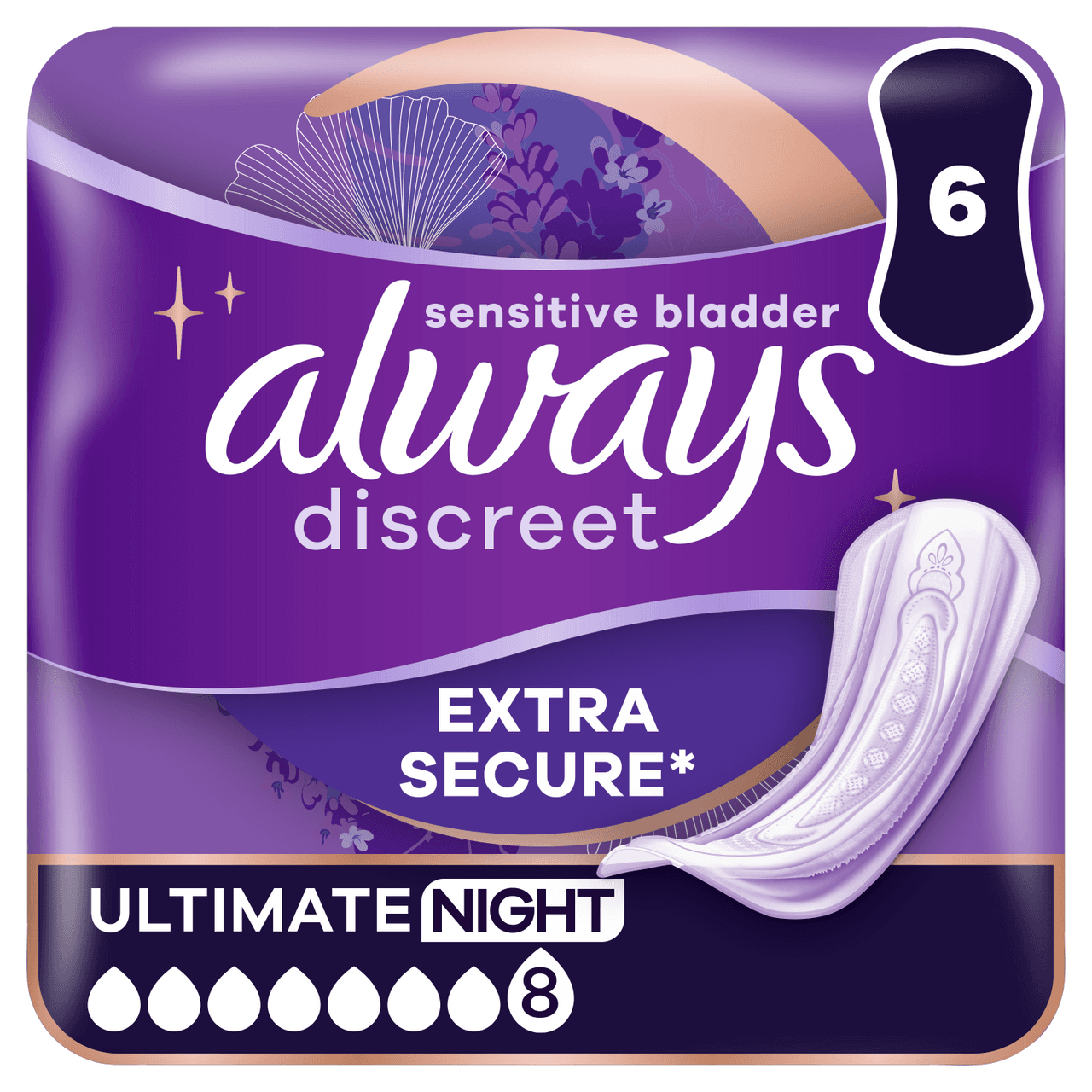 Always Discreet Incontinence Pads Women Ultimate Night 6 Pads Image 1