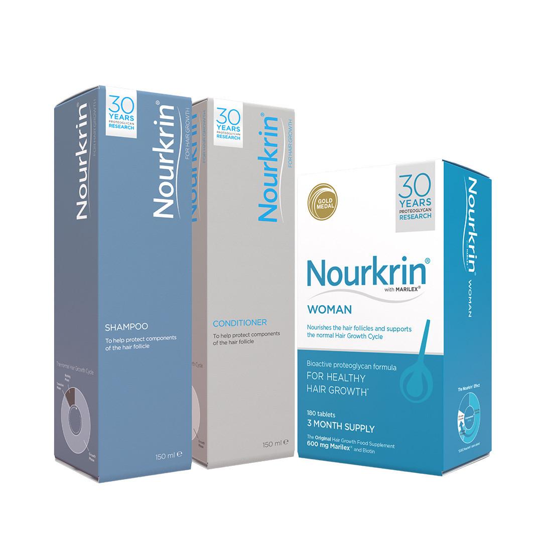 Nourkrin Woman Hair Growth Programme (Free Shampoo and Conditioner) 180 Tablets + 150ml Shampoo + 150ml Conditioner Image 1