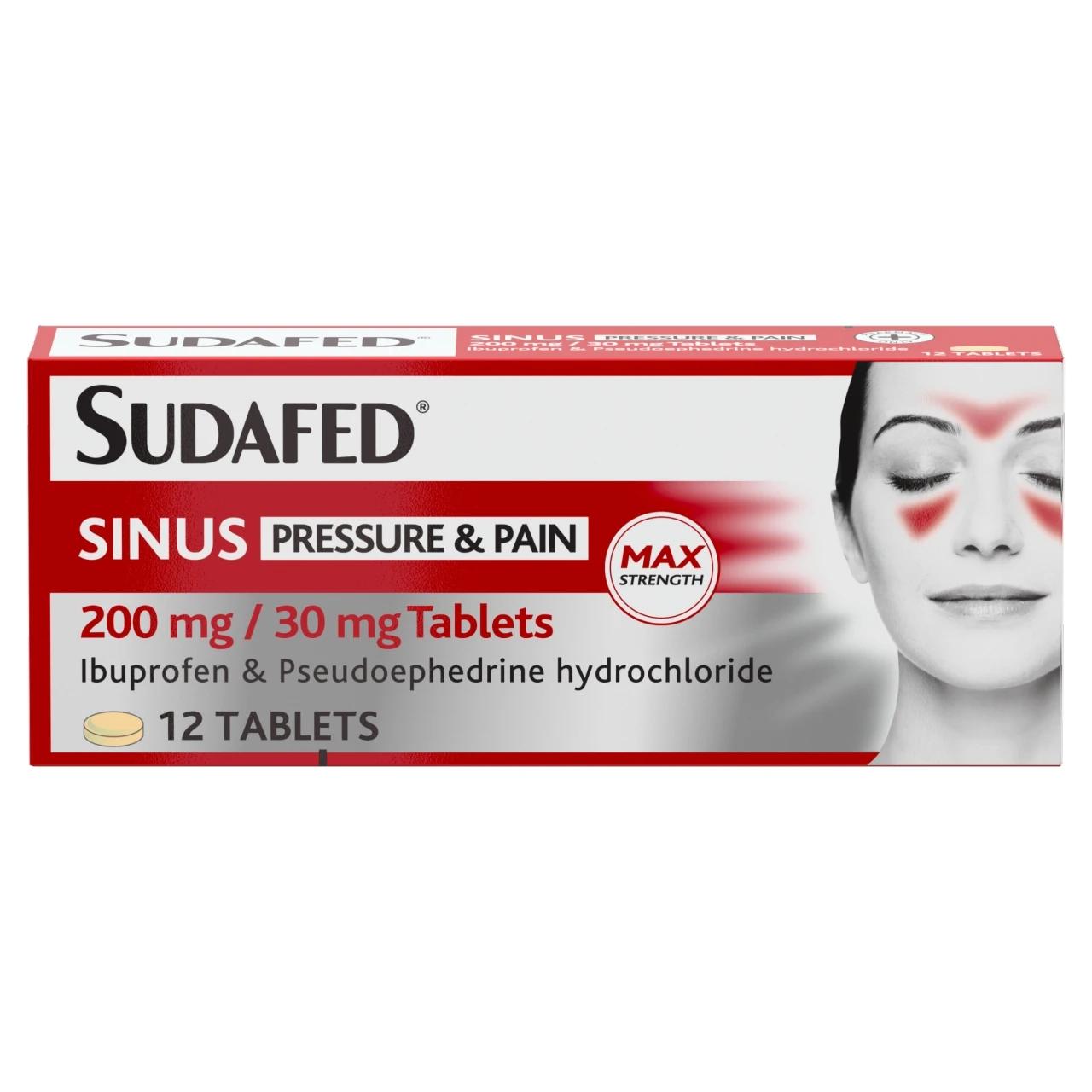 Sudafed Sinus Pressure & Pain 200mg/30mg 12 Film Coated Tablets Image 1