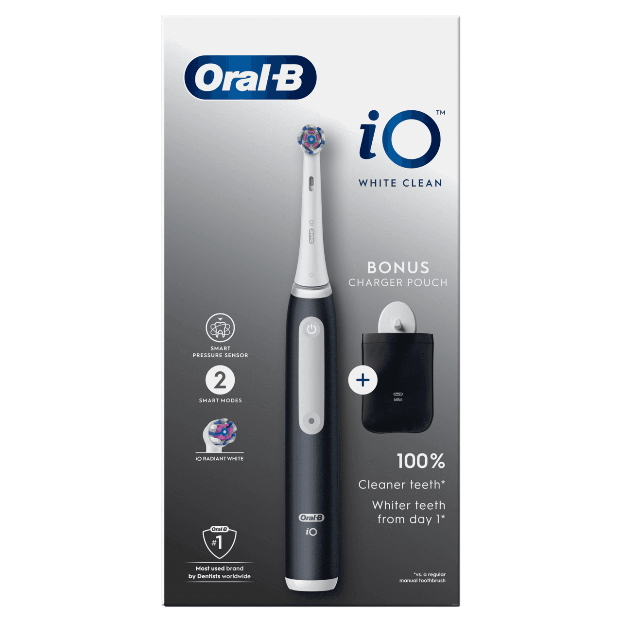 Oral-B iO White Clean Black Electric Toothbrush with charger pouch Image 1
