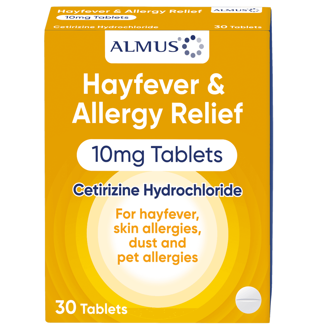 Almus Hayfever & Allergy Relief Cetirizine 10mg 30 Tablets Image 1