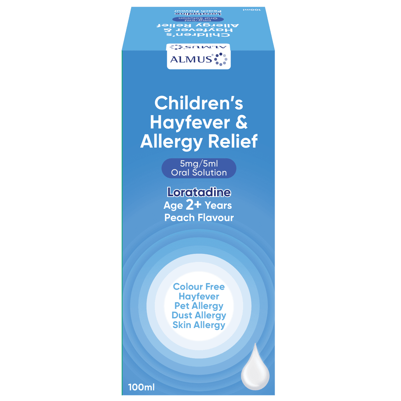 Almus Children's Hayfever & Allergy Relief Loratadine 5mg/5ml Peach Flavoured Solution 100ml Image 1