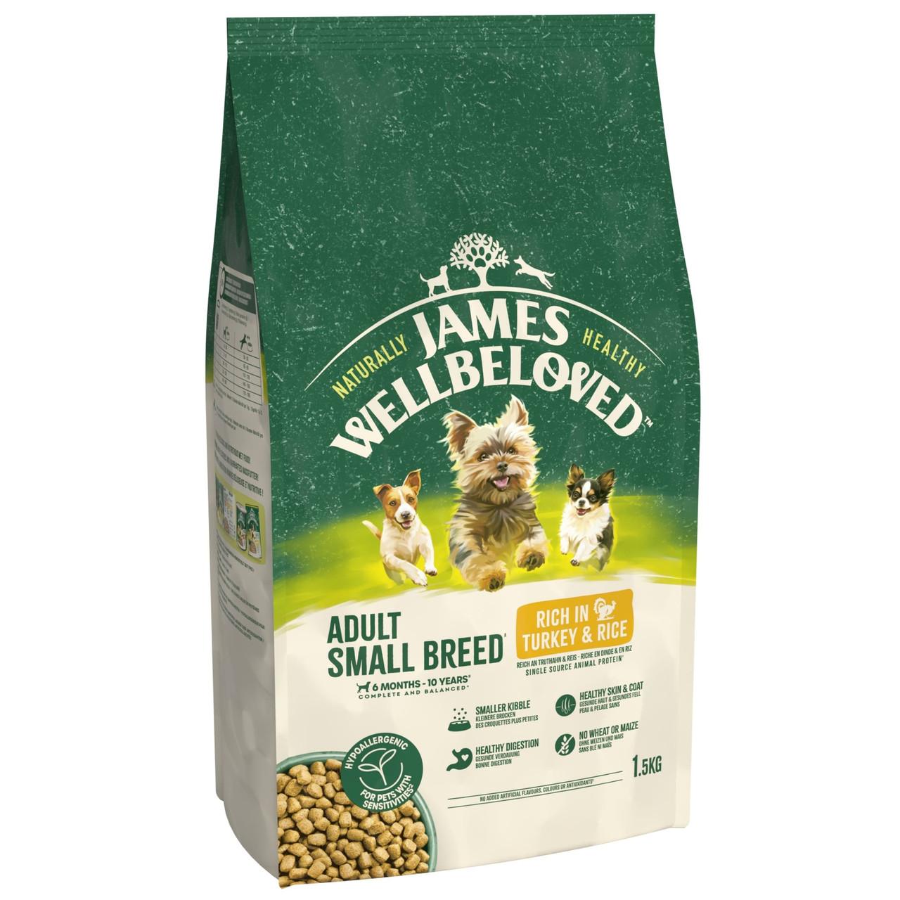 James Wellbeloved Dry Dog Adult Small Breed Turkey & Rice 1.5kg Image https://cdn11.bigcommerce.com/s-g585yu857h/images/stencil/1280w/products/8640/14726/James-Wellbeloved-Dry-Dog-Adult-Small-Breed-Turkey-%26-Rice-1.5kg__15165.1748444168.jpg1