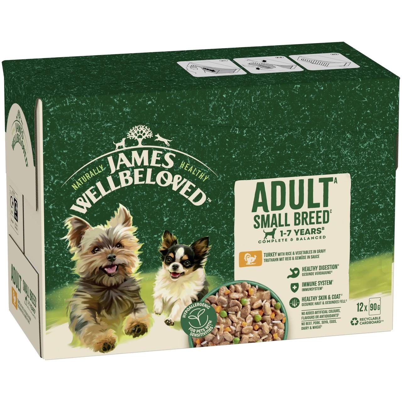 James Wellbeloved Adult Wet Dog Food Small Breed Turkey & Rice Pouch 12x90g Image https://cdn11.bigcommerce.com/s-g585yu857h/images/stencil/1280w/products/8684/14812/James-Wellbeloved-Adult-Wet-Dog-Food-Small-Breed-Turkey-%26-Rice-Pouch-12x90g__32909.1782826110.jpg1
