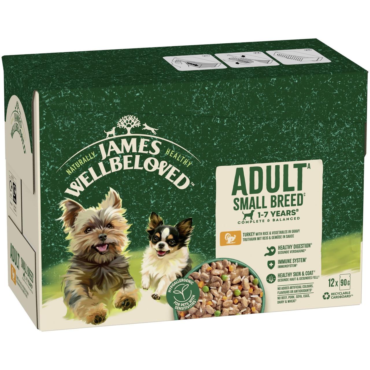 James Wellbeloved Adult Wet Dog Food Small Breed Turkey & Rice Pouch 12x90g Image https://cdn11.bigcommerce.com/s-g585yu857h/images/stencil/1280w/products/8684/21187/James-Wellbeloved-Adult-Wet-Dog-Food-Small-Breed-Turkey-%26-Rice-Pouch-12x90g__18567.1761055043.jpg1
