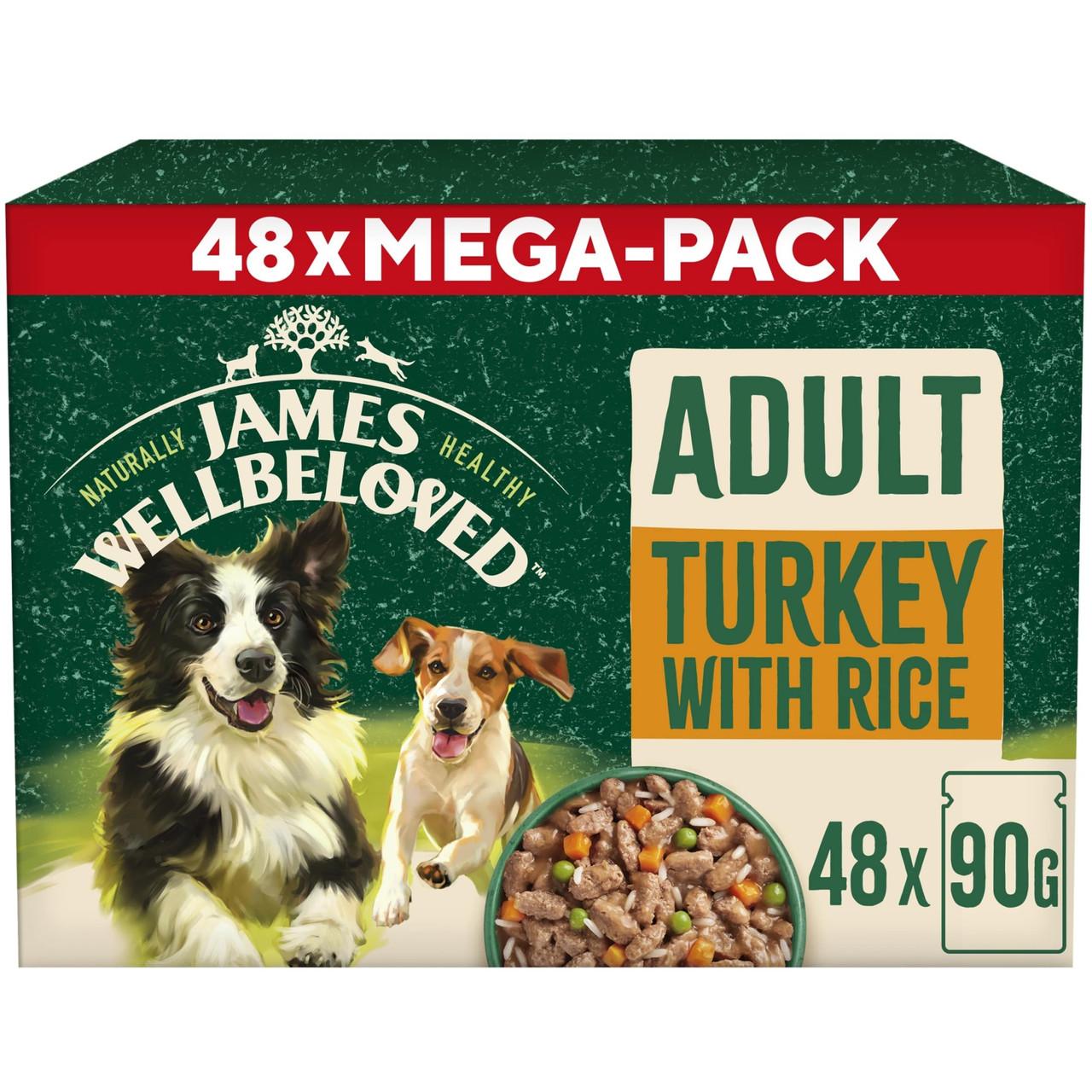James Wellbeloved Adult Wet Dog Food Turkey & Rice Mega Pack Pouch 48x90g Image https://cdn11.bigcommerce.com/s-g585yu857h/images/stencil/1280w/products/8696/14837/James-Wellbeloved-Adult-Wet-Dog-Food-Turkey-%26-Rice-Mega-Pack-Pouch-48x90g__47832.1748444182.jpg1
