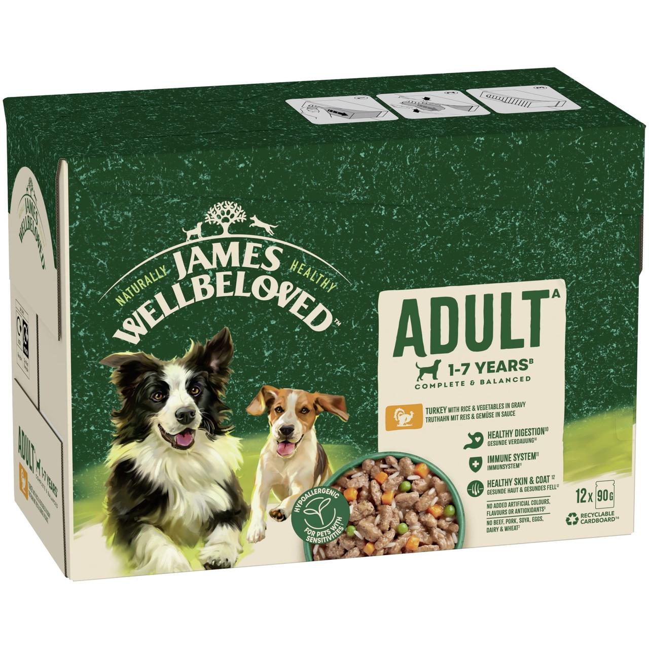 James Wellbeloved Adult Turkey in Gravy Pouch for Dogs 12 x 90g Multipack Image https://cdn11.bigcommerce.com/s-g585yu857h/images/stencil/1280w/products/8765/21268/James-Wellbeloved-Adult-Turkey-in-Gravy-Pouch-12-x-90g-Multipack__74336.1761055083.jpg1