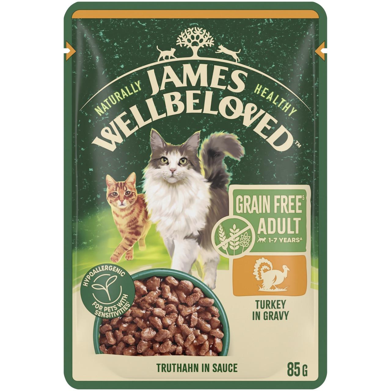 James Wellbeloved Grain Free Adult Cat Wet Food Pouch Turkey in Gravy 48x85g Image https://cdn11.bigcommerce.com/s-g585yu857h/images/stencil/1280w/products/8768/15002/James-Wellbeloved-Grain-Free-Adult-Cat-Wet-Food-Pouch-Turkey-in-Gravy-12x85g__48840.1748444201.jpg1