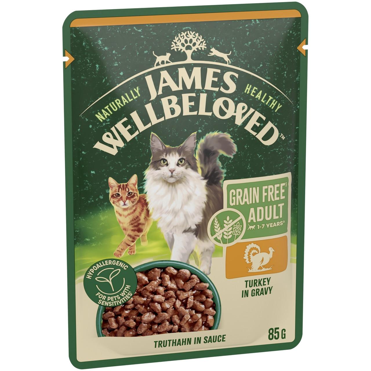 James Wellbeloved Grain Free Adult Cat Wet Food Pouch Turkey in Gravy 48x85g Image https://cdn11.bigcommerce.com/s-g585yu857h/images/stencil/1280w/products/8768/15007/James-Wellbeloved-Grain-Free-Adult-Cat-Wet-Food-Pouch-Turkey-in-Gravy-12x85g__76418.1782826188.jpg1