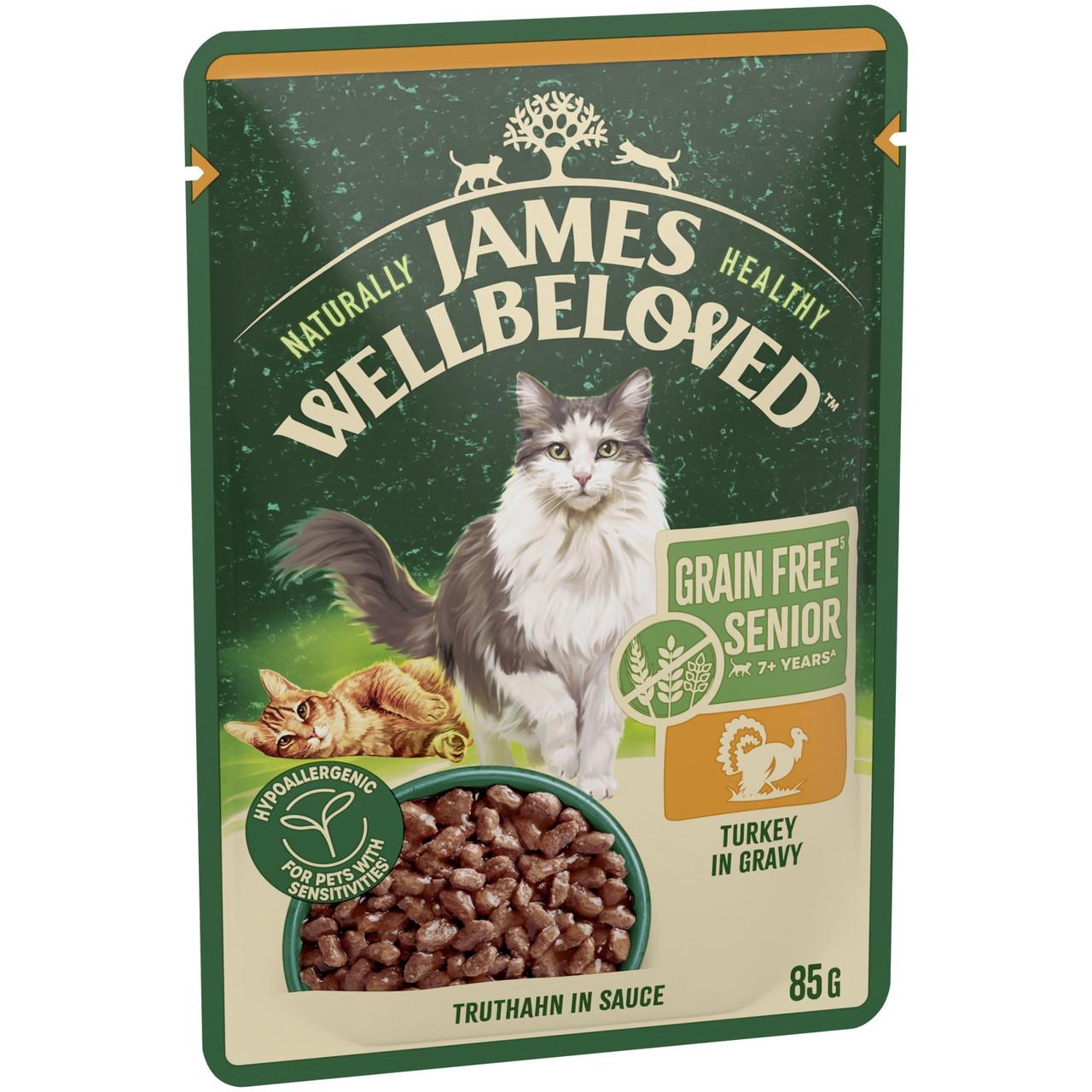 James Wellbeloved Grain Free Senior Cat Wet Food Pouch Turkey in Gravy 12x85g Image https://cdn11.bigcommerce.com/s-g585yu857h/images/stencil/1280w/products/8796/15089/James-Wellbeloved-Grain-Free-Senior-Cat-Wet-Food-Pouch-Turkey-in-Gravy-12x85g__69309.1748444210.jpg1