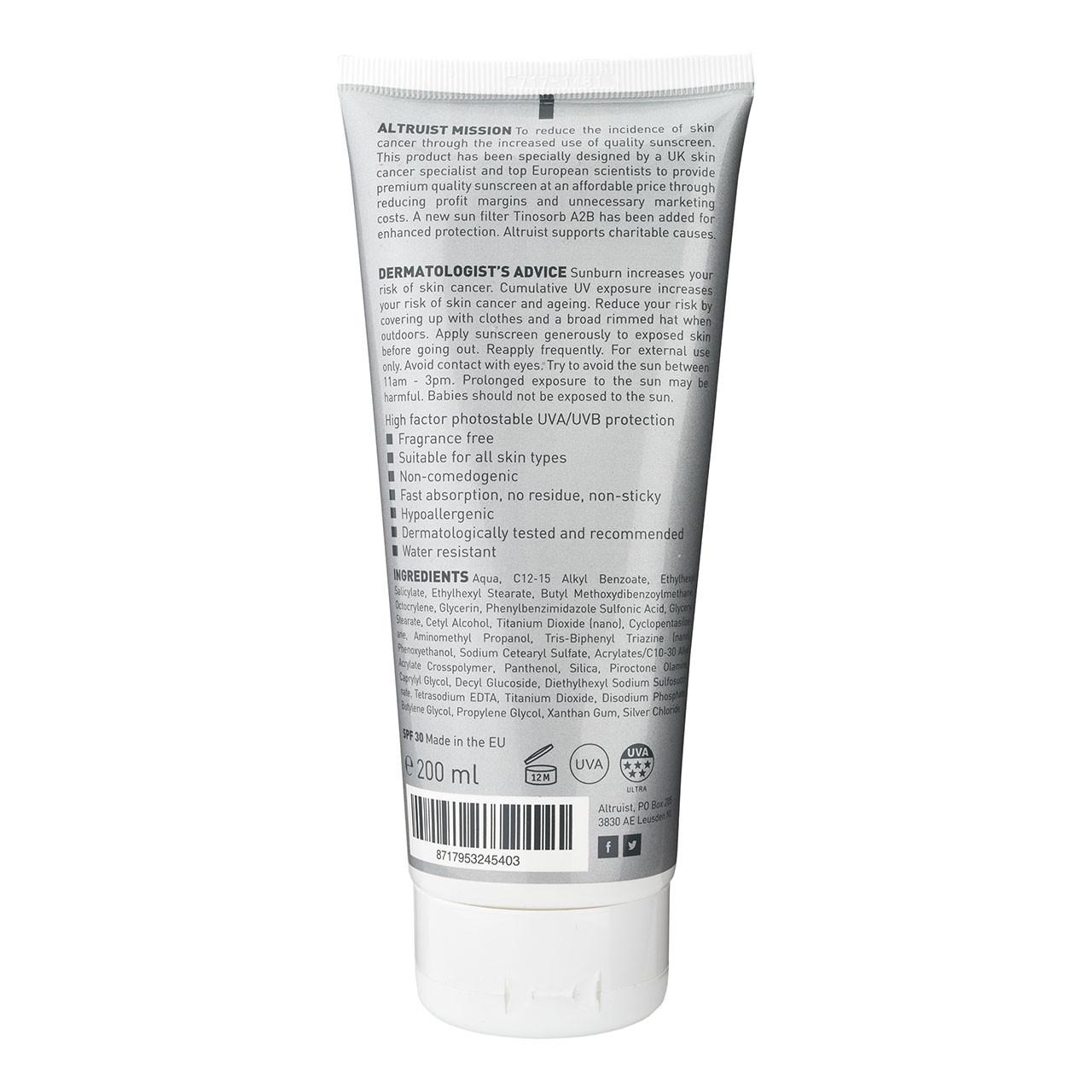 Altruist Sunscreen SPF30 200ml Image https://cdn11.bigcommerce.com/s-g585yu857h/images/stencil/1280w/products/9084/16763/8719327597873_2__46443.1753348700.jpg1