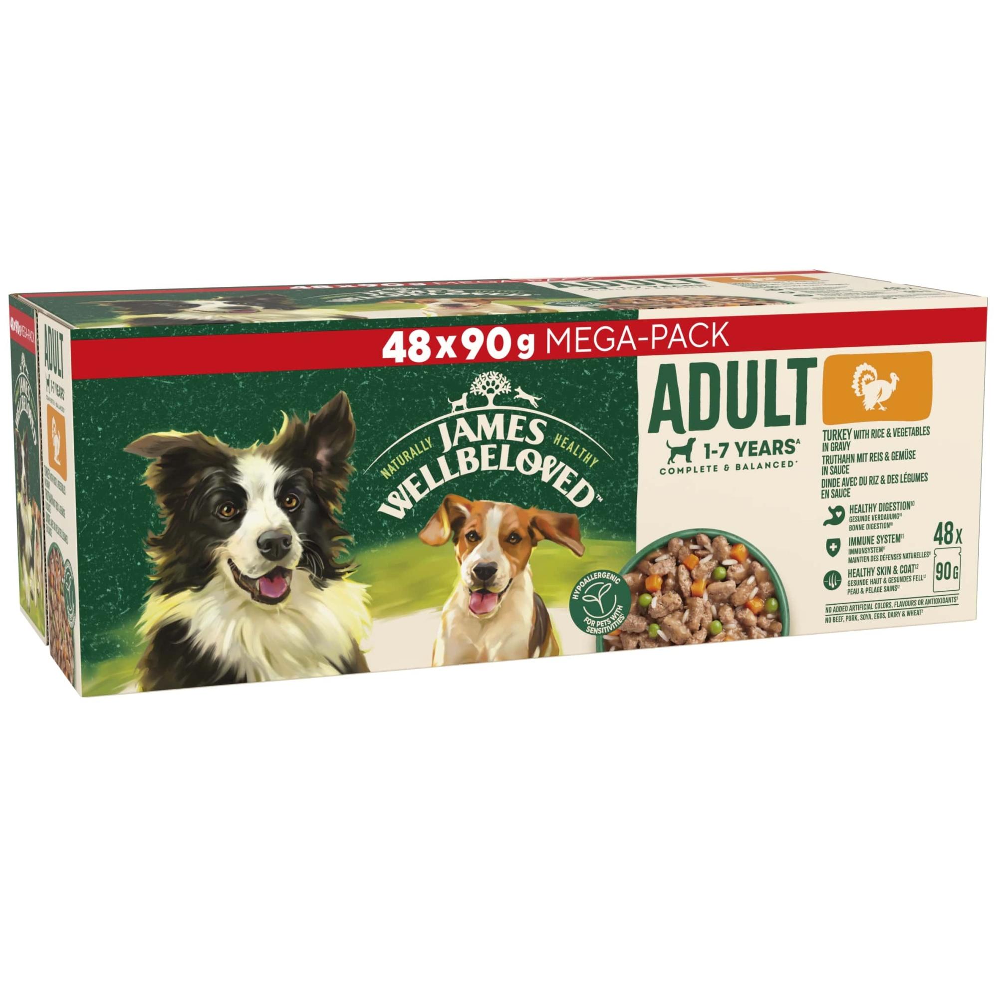 James Wellbeloved Adult Wet Dog Food Turkey & Rice Mega Pack Pouch 48x90g Image 1