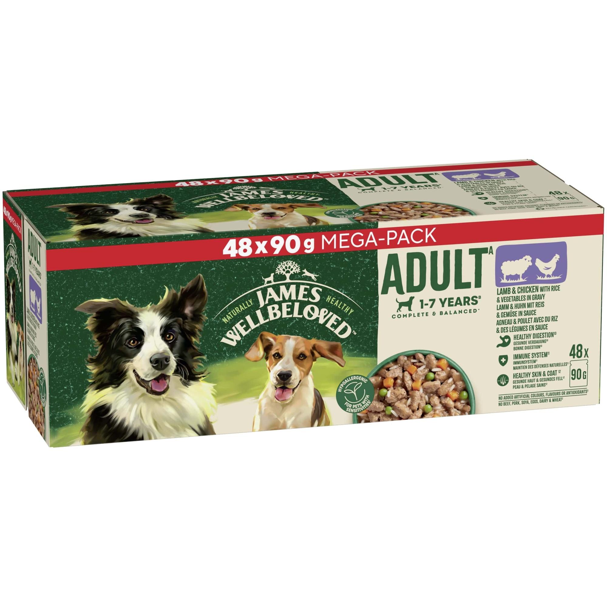 James Wellbeloved Adult Wet Dog Food Lamb Chicken & Rice Pack Pouch 48x90g Image 1